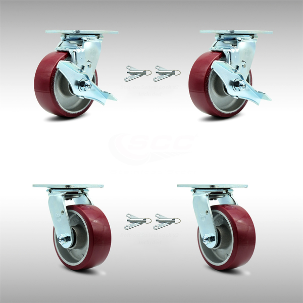 Service Caster 5 Inch SS Poly on Aluminum Caster Set with Roller Bearings 4 Swivel Lock 2 Brake SCC-SS30S520-PAR-TLB-BSL-2-BSL-2